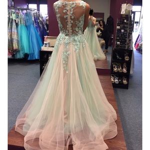 SHERRI HILL aqua and blush tulle ball gown